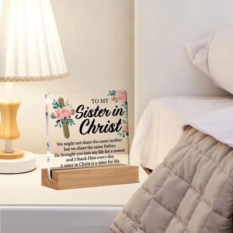 Christian Sister Gift - 'Sister in Christ' Inspirational Acrylic Desk Sign with Elegant Design, Faith-Based Home Decor for Women