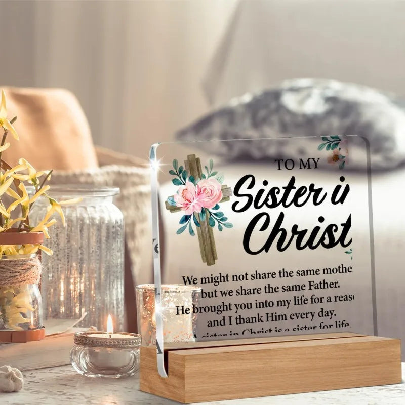 Christian Sister Gift - 'Sister in Christ' Inspirational Acrylic Desk Sign with Elegant Design, Faith-Based Home Decor for Women